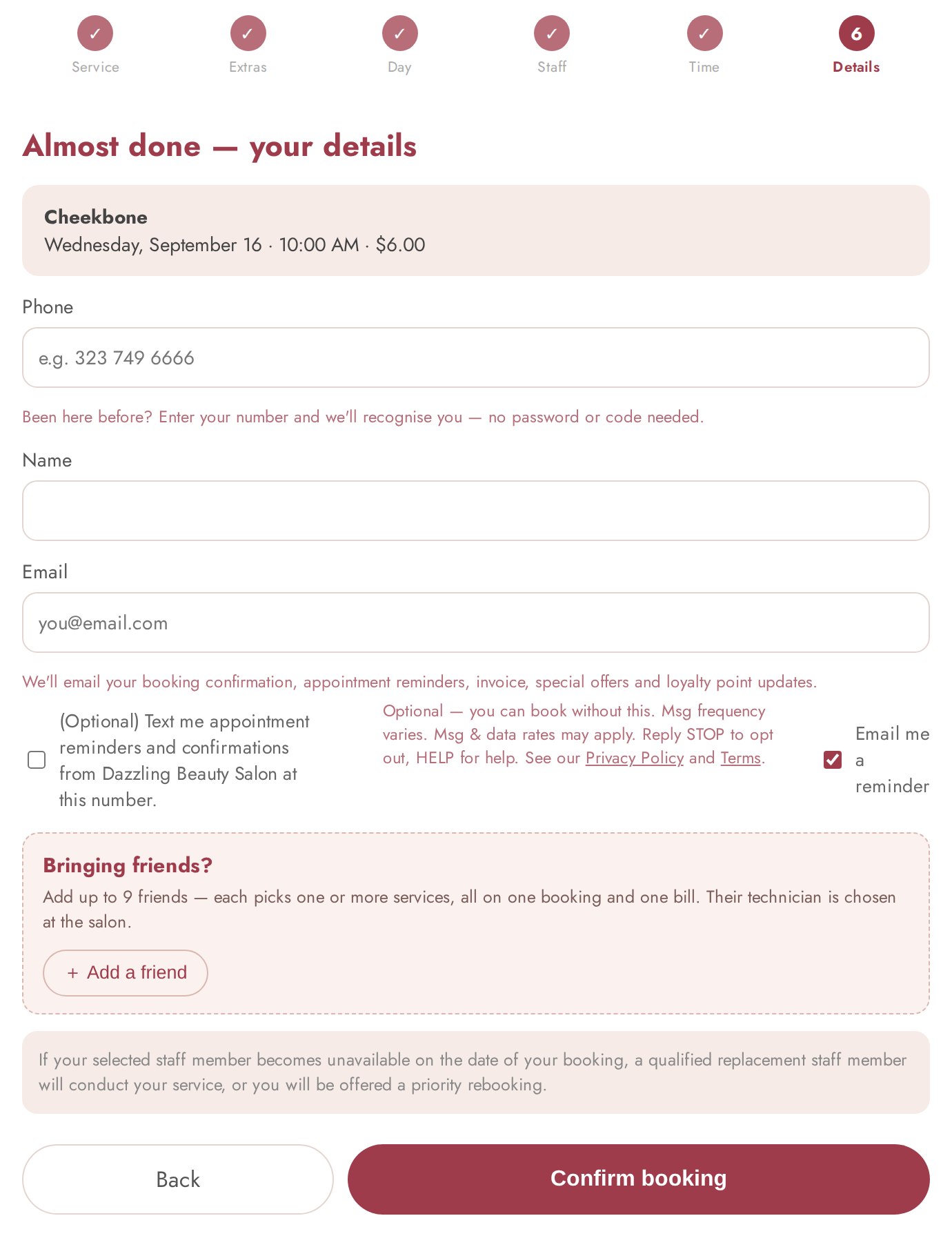 Final step of the Dazzling Beauty Salon booking form showing the optional SMS consent checkbox unticked, with the disclosure line beneath it.