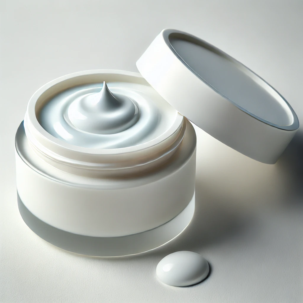 DALL·E 2024 11 11 14.41.30 Small container of facial moisturizer on a white background. The moisturizer is in a minimalistic jar with a smooth glossy finish partially open to