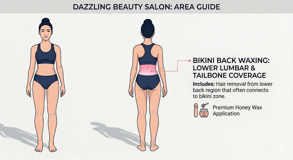 Vector diagram illustration indicating the sides of the 'Bikini Back Area' included in the service at Dazzling Beauty Salon.