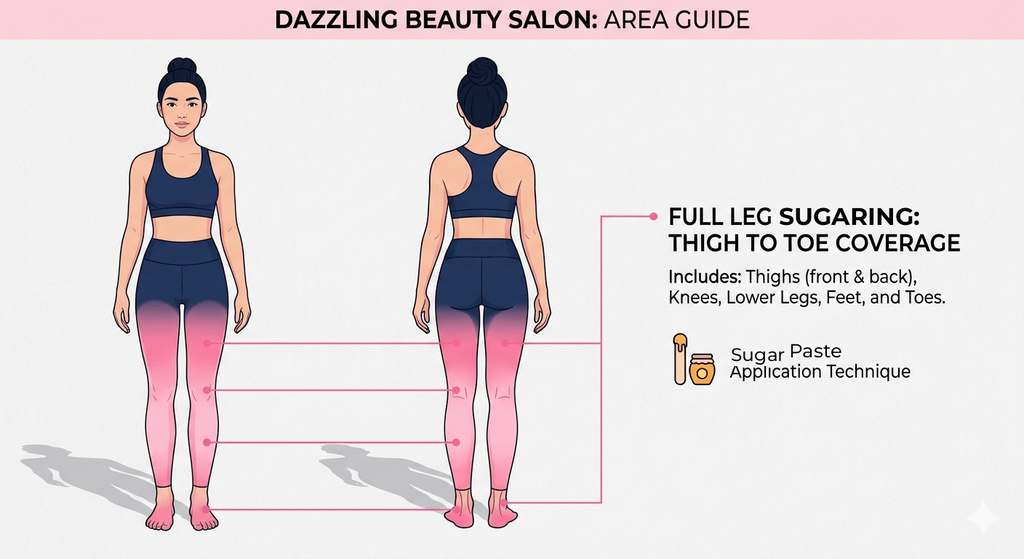 Full Leg Waxing 2 Professional vector illustration of a female figure highlighting the full leg area (thighs, knees, lower legs, and feet) as included in the Full Leg Waxing service at Dazzling Beauty Salon.
