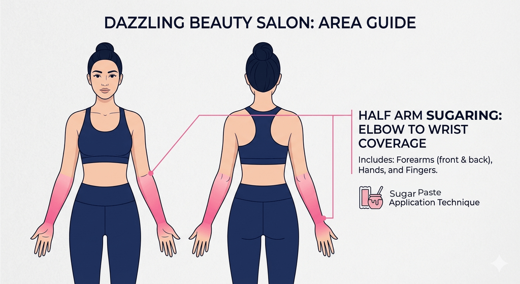 Professional vector illustration of a female figure highlighting the forearms (from the elbow down to the fingers) as the areas included in a Half Arm Waxing service at Dazzling Beauty Salon