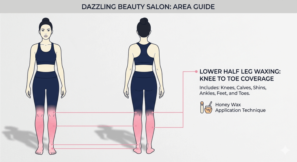 Professional vector illustration of a female figure highlighting the lower leg area (knees, calves, shins, and feet) as included in the Lower Half Leg Waxing service at Dazzling Beauty Salon.