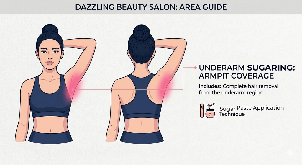 Underarms Waxing 4 Professional vector illustration of a female figure with arms raised, highlighting the underarm (armpit) area as the service zone for Underarm Waxing at Dazzling Beauty Salon.