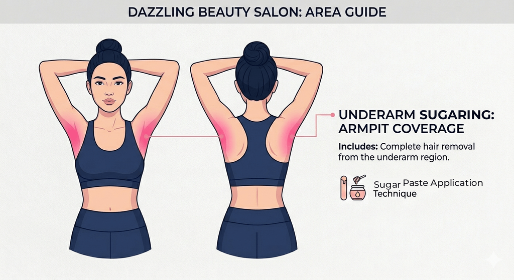 Professional vector illustration of a female figure with arms raised, highlighting the underarm (armpit) area as the service zone for Underarm Waxing at Dazzling Beauty Salon.