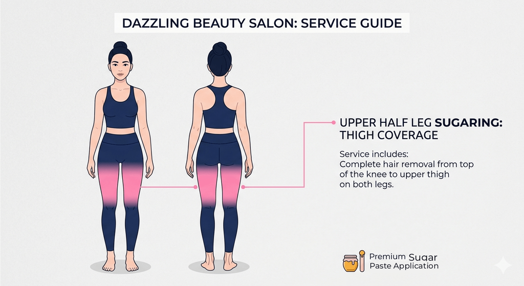 Professional vector illustration of a female figure highlighting the upper leg area (thighs) as the included service zone for Upper Half Leg Waxing at Dazzling Beauty Salon.