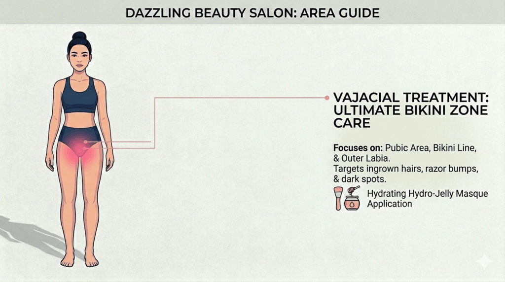 Vajacial 1 Vector diagram defining the precise service area for a Vajacial at Dazzling Beauty Salon, strictly highlighting the intimate bikini and labia region where the treatment is applied.