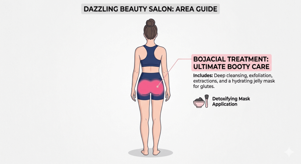 Professional vector illustration showing a back view of a figure with the glute (buttock) region highlighted in pink, defining the Bojacial service area at Dazzling Beauty Salon.