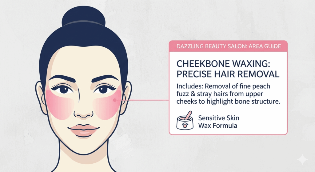 Vector diagram defining the precise service area for Cheekbone Waxing at Dazzling Beauty Salon, highlighting the upper cheek region to illustrate contoured hair removal.