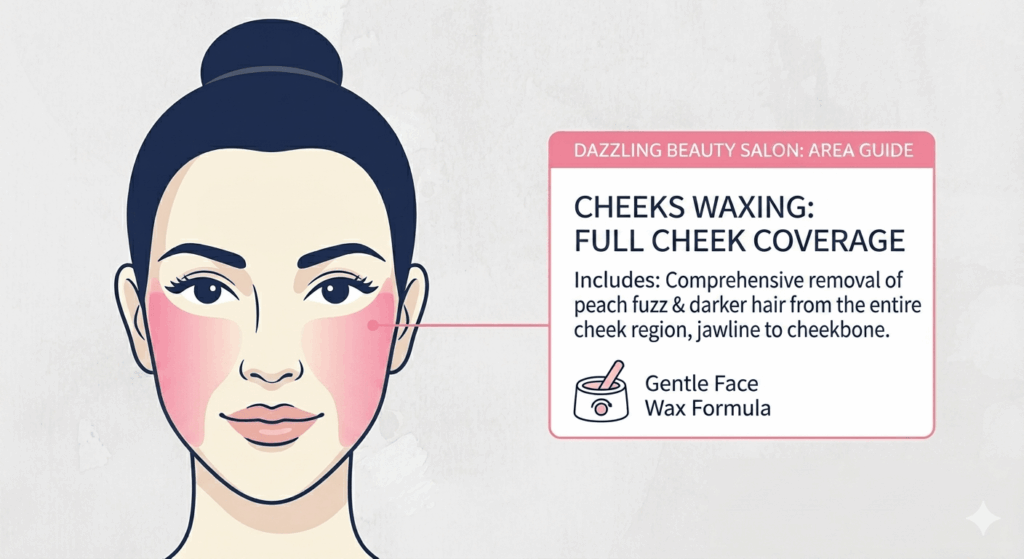 Cheeks Waxing 1 Vector diagram defining the precise service area for Cheeks Waxing at Dazzling Beauty Salon, highlighting the comprehensive full cheek zones to illustrate smooth hair removal.