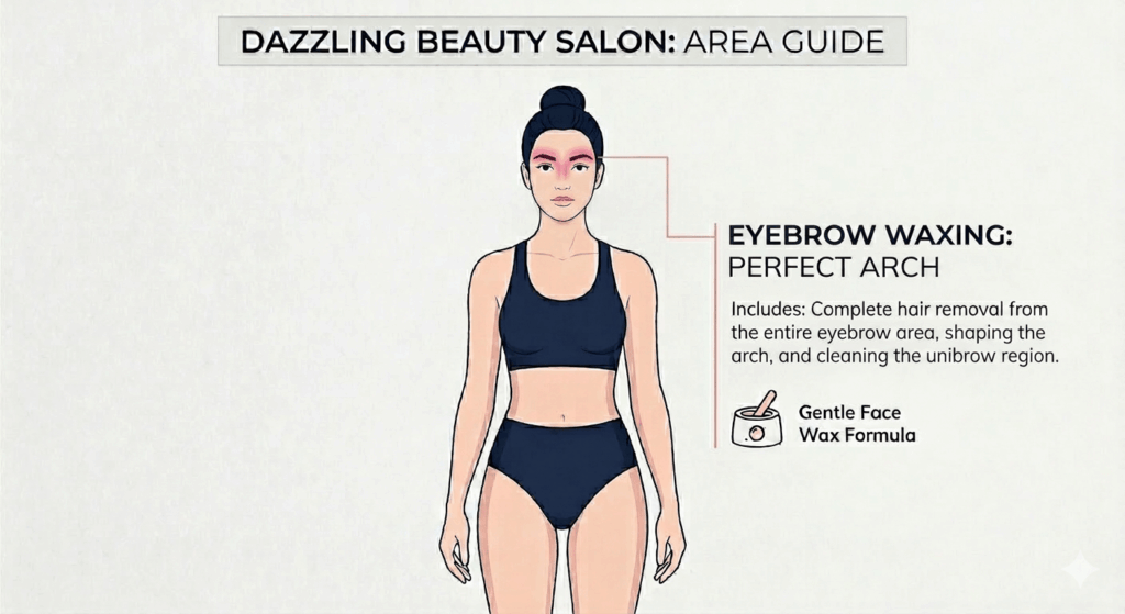 Eyebrows Waxing 1 Vector diagram defining the precise service area for Eyebrow Waxing at Dazzling Beauty Salon, highlighting the arch and unibrow region for a clean, professional finish.