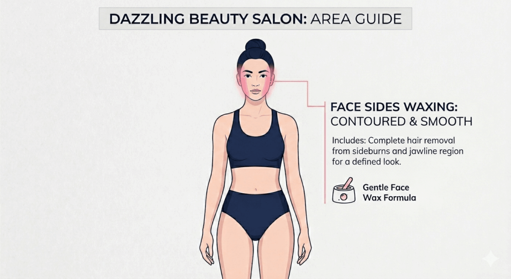 Vector diagram defining the precise service area for Face Sides Waxing at Dazzling Beauty Salon, highlighting the sideburns and jawline region for a contoured and smooth appearance.