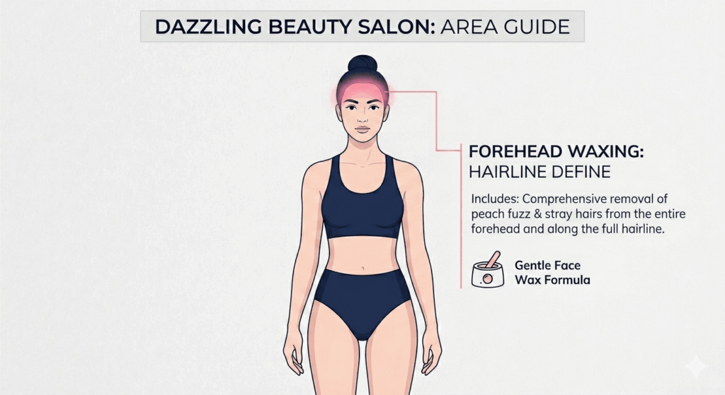Vector diagram defining the precise service area for Forehead Waxing at Dazzling Beauty Salon, highlighting the entire forehead region and hairline for smooth hair removal.