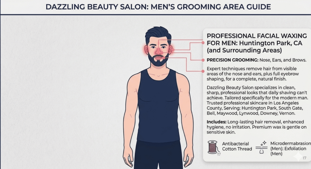 Illustration map for Dazzling Beauty Salon detailing the service areas for Men's Facial Waxing, including eyebrows, nose, and ears.