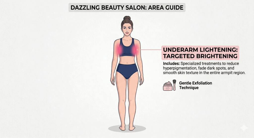 Professional vector illustration of a front perspective female figure, highlighting the specific underarm regions in pink gradient to define the service area for the Underarm Lightening treatment at Dazzling Beauty Salon.