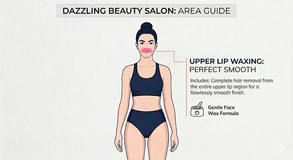 Vector diagram defining the precise service area for Upper Lip Waxing at Dazzling Beauty Salon, strictly highlighting the upper lip zone to illustrate a flawlessly smooth finish.